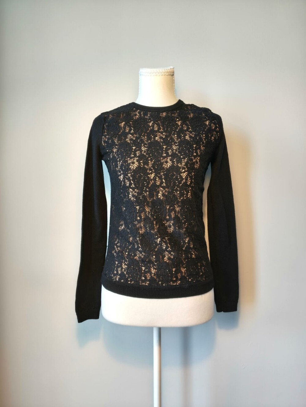 Babaton Black Lace-Front Long Sleeve Sweater